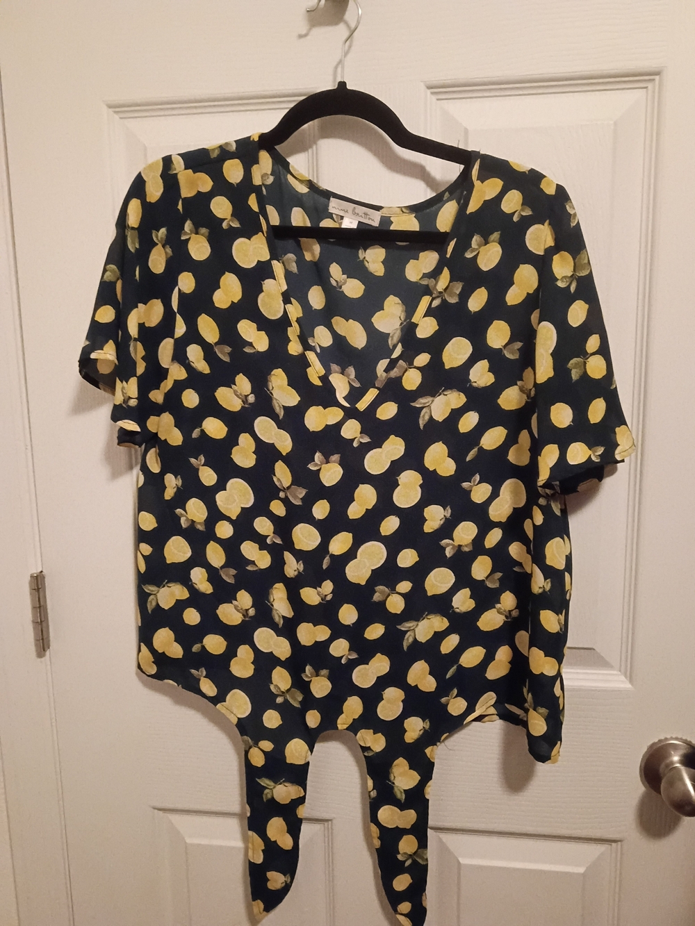 nine britton Navy V-Neck Tie-Hem Top with Yellow Lemon Print